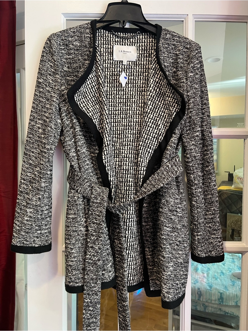LK Bennett Black and White Textured Belted Knit Blazer